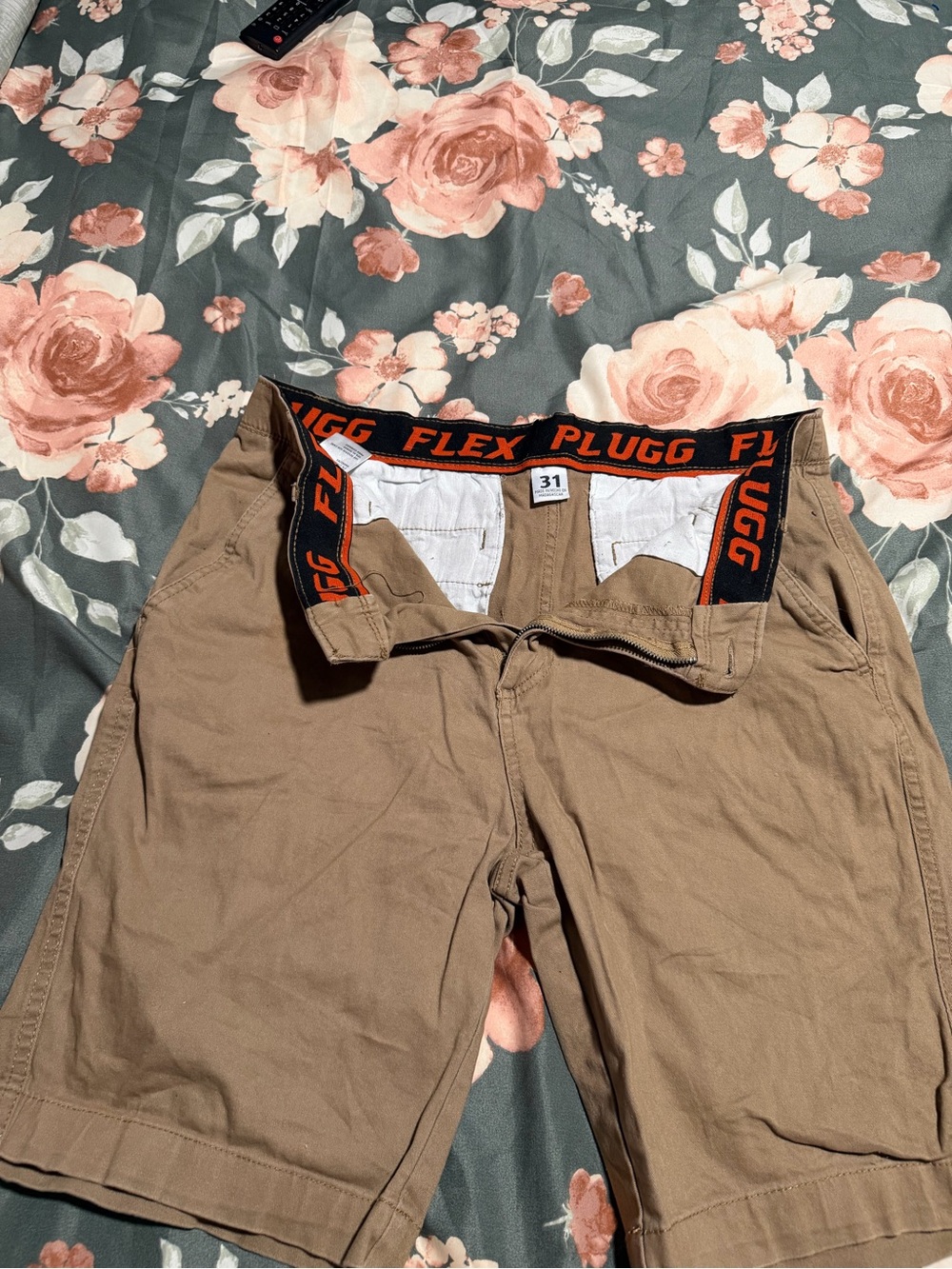 Plugg Men's Cargo Shorts in Khaki with Black and Orange Waistband